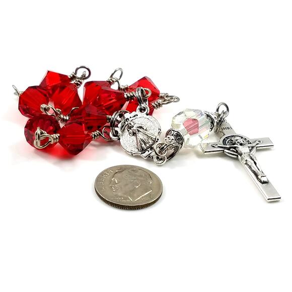 Divine Mercy & Lady Fatima Red One Decade Rosary, Swarovski Crystals - Picture 5 of 10